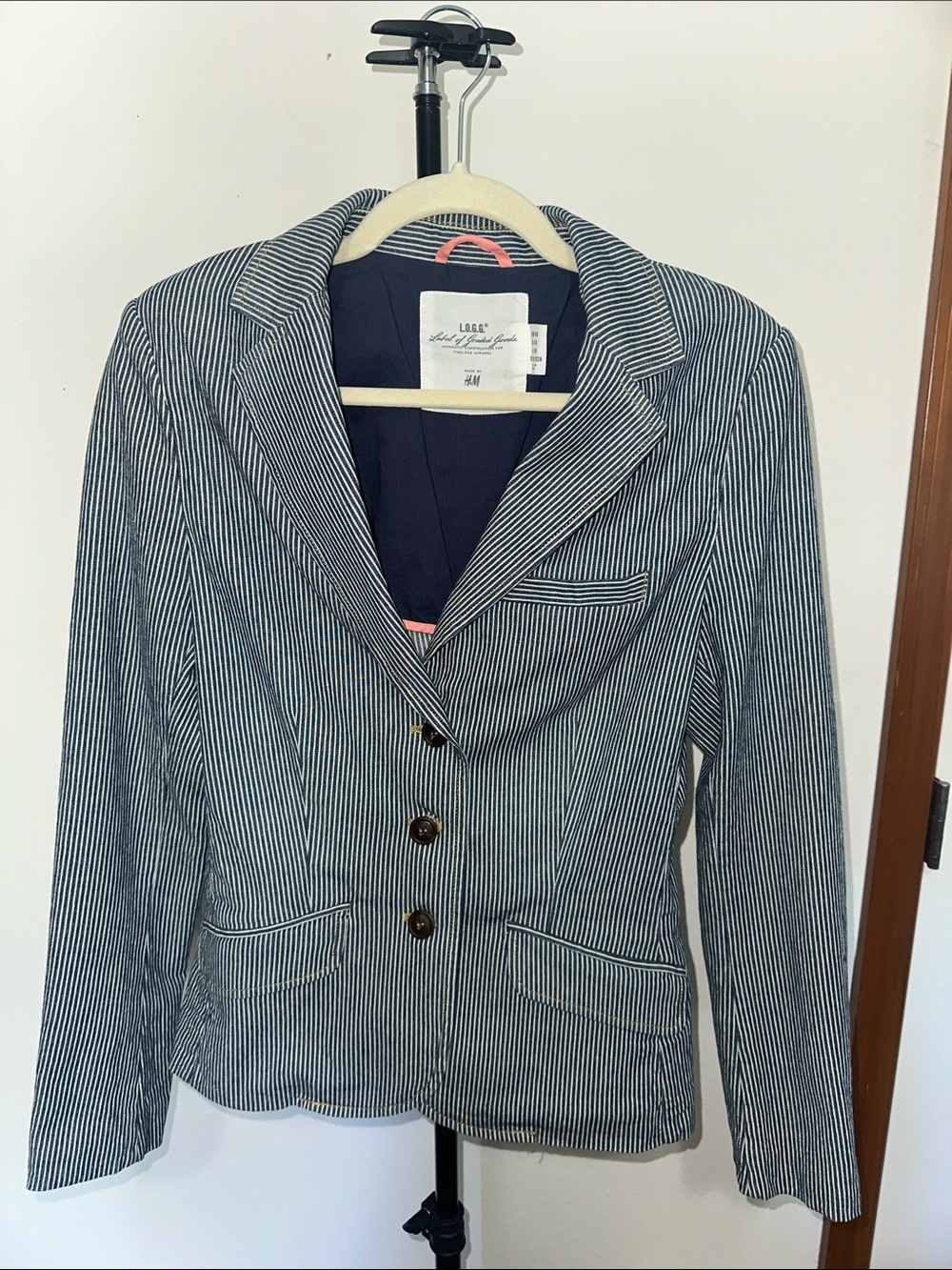 L.O.G.G. H&M Women's Navy Pinstripe Single-Breasted Blazer size 10